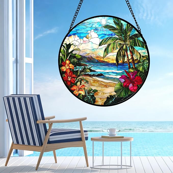 DASTOLL Stained Glass Window Hanging, Blue Beach Scenery Suncatcher Diamond Glass Panel Hangings Sun Catchers Decor for Birthday for Women, Men, Wife, Aunt, and Mom 9.8 in