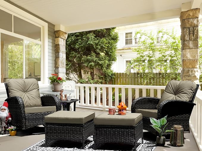 Patio Furniture Conversation Set with Ottomans, 5 Piece Wicker Patio Swivel Rocking Chairs with 360° Swivel Glider and Glass Coffee Table for Porch, Deck, Garden,Beige