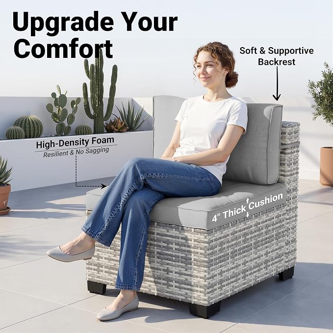 9-Piece Patio Furniture Set, Outdoor Sectional with Ottomans, Modular Patio Sofa, Dual-Strand Wicker Rattan, Rust-Resistant Frame, Backyard Furniture for Garden, Deck, Gray