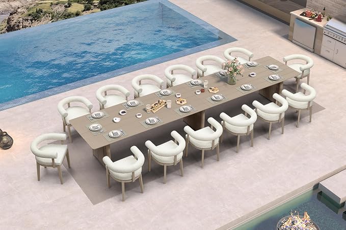 PURPLE LEAF 15 Pieces Patio Dining Set with Counter Stools, Seamless Table | Wraparound Backrests, Sumptuous Textured Olefin Fabric, Cushioned Armrest, Aluminum, Large Gathering, Earth-Tone Palette