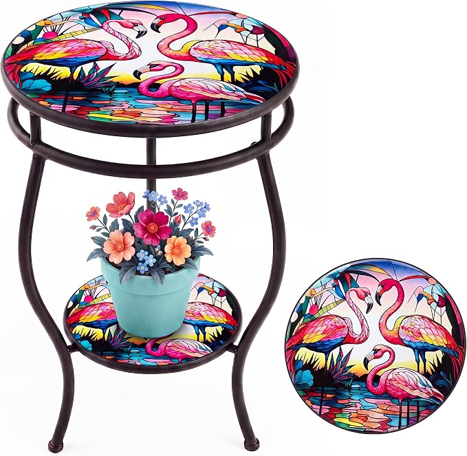 Outdoor Side Table Round with Storage 2-Tier Patio Small Outdoor Table Weather Resistant for Outside Balcony Porch Garden