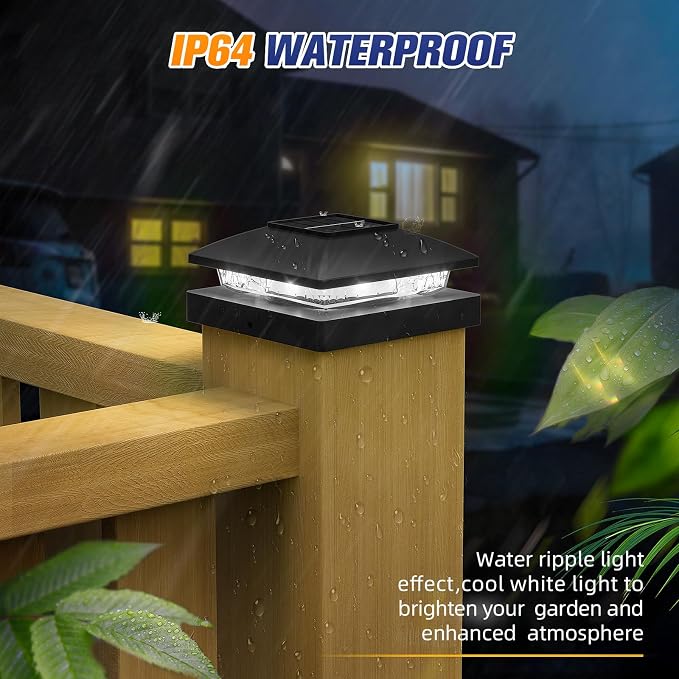 APONUO Solar Post Cap Lights for 4x4 Posts - IP64 Waterproof, 6500K LED, No-Wire Fence Lights & Deck Lights for Patio Garden Yard Patio, Black-Cool White, 8 Pack