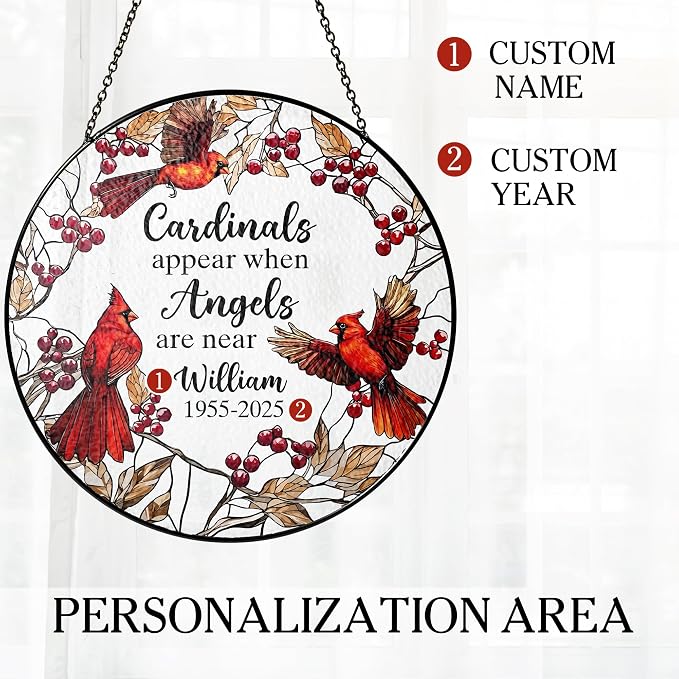 Personalized Cardinal Memorial Photo Suncatcher – “Forever in Our Hearts” Christmas Ornament – in Loving Memory Gift for Mom or Grandma from Family – Stained Glass Window Hanging Keepsake