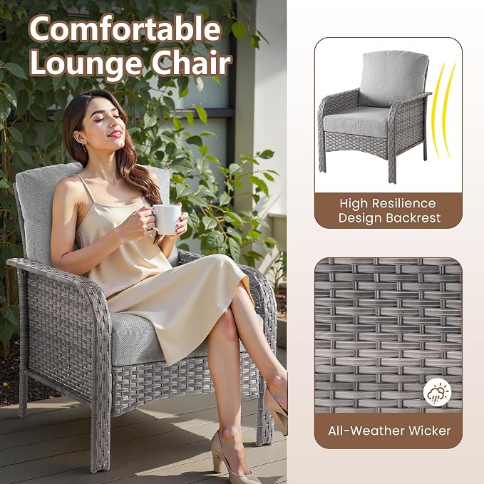 2 PCS Outdoor Patio Furniture Set with Thickened Cushions, All-Weather Rattan Wicker Outdoor Conversation Set for Porch,Backyard,Balcony,Dark Grey