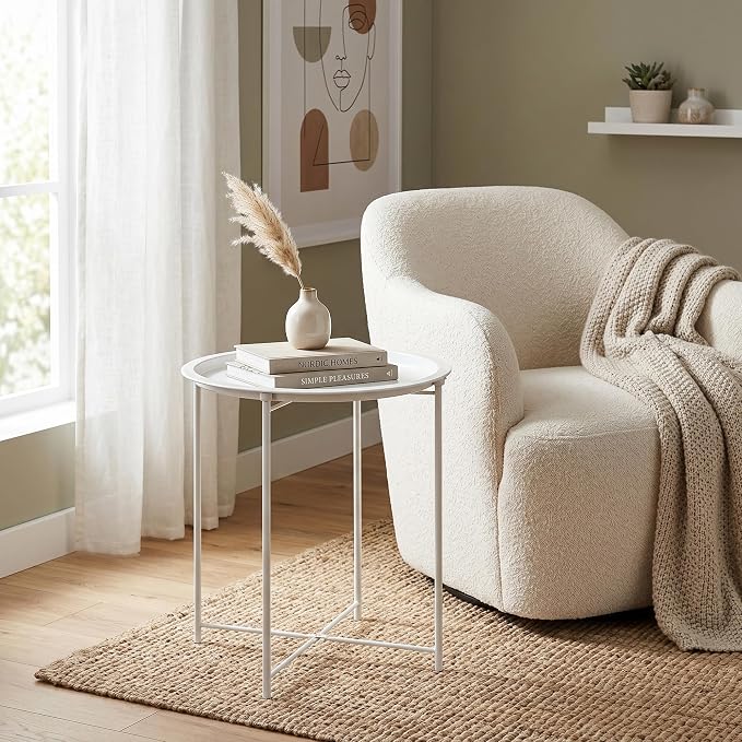 VECELO Side/End Table, Folding Round Metal Anti-Rust and Waterproof Outdoor or Indoor Tray for Living Room Bedroom Balcony and Office, 2 PCS, Beige