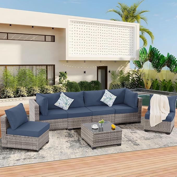 FHFO 14 Piece Outdoor Wicker Patio Furniture Set, Grey/Blue | Sectional Sofa | All-Weather Hand-Woven Rattan | Tempered Glass Coffee Table | Free Combination | Indoor & Outdoor Use