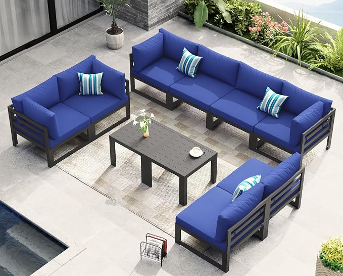 NICESOUL 10 Piece Oversized Modern Aluminum Patio Furniture Set, All Weather Rust Resistant Modular Sectional Sofa with Side Table, 500 lbs Heavy Duty Comfortable Outdoor Couch for Backyard, Navy Blue