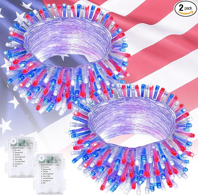 2 Pack 100LED Red White and Blue Lights Battery Operated, Fairy Lights | 33FT 4th of July String Lights with Timer, 8 Modes Waterproof Patriotic Twinkle Light Outdoor for Independence & Memorial Day