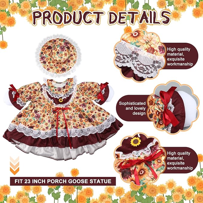 Soulchen 1 Set Fall Porch Goose Outfit 23" Thanksgiving Sunflower Cement Goose Clothes Dress and Hat Costume Set for Autumn Yard Lawn Outdoor Garden Patio Decor
