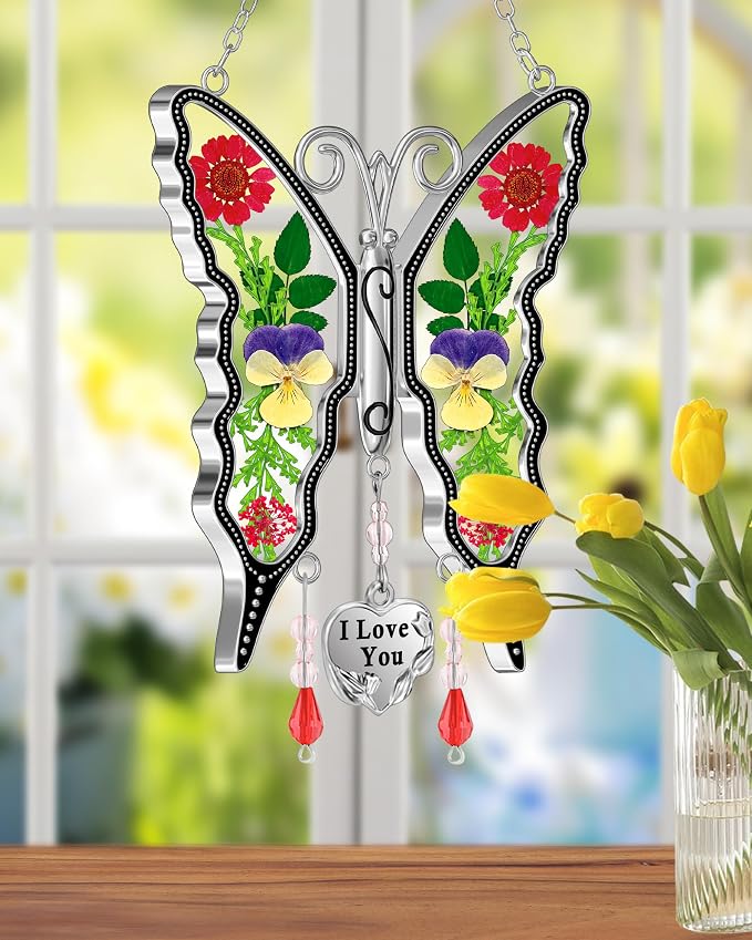 KY&BOSAM Butterfly Glass Pressed Flower Suncatchers Window Hanging | I Love You Charm Sun Catchers Wind Chime Ornament,Dried Flowers and Metal, Mothers Day Gifts for Mom Birthday Christmas