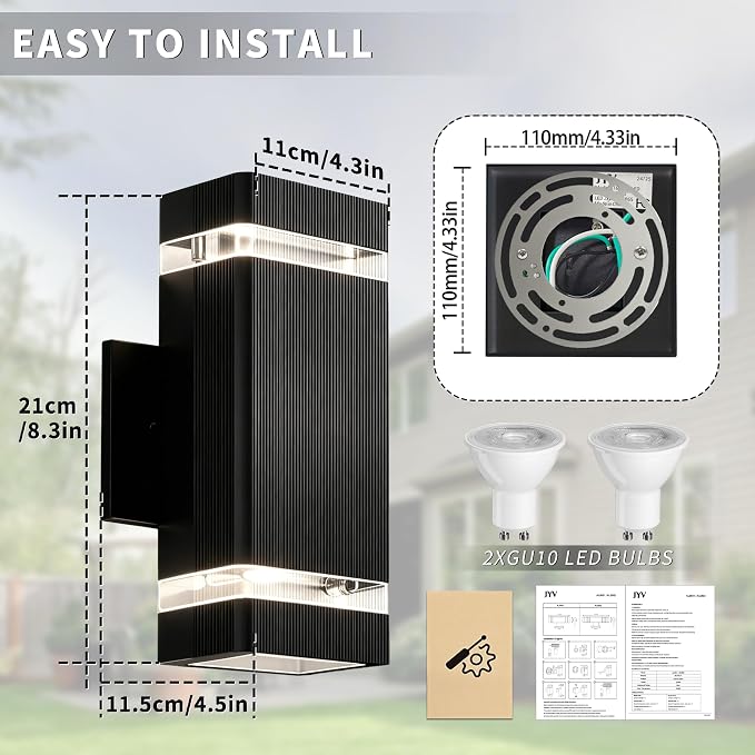 JYV 2 Pack Outdoor Wall Lights, Square Up and Down Porch Lights, Black | Waterproof Exterior Lighting Fixtures, 2x7W 3000K Bulbs, Outdoor Lights for House Porch Garage Patio