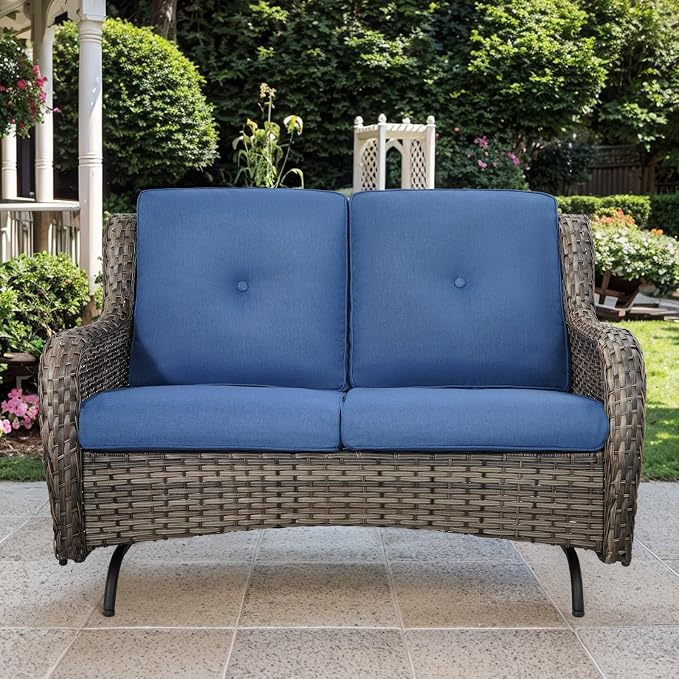Patio Loveseat Glider Set, Resin Wicker Loveseat Glider with 2 Swivel Patio Chiars and Coffee Table, 4 Piece Patio Bistro Set Furniture Set Loveseat Set, Grey Wicker|Blue Cushions