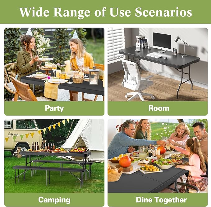 MEI&CO 6ft Heavy-Duty Outdoor Folding Table for 6 - Sturdy HDPE Top, 350lbs Capacity, Foldable Lockable Design, No Assembly - Camping Parties Picnics (Black)