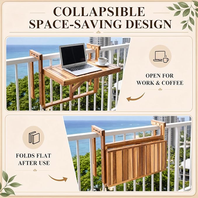 Colingmill 2 Set 22 Inch Balcony Hanging Table, Acacia Wood Foldable Railing Table Adjustable Height & Width, Outdoor Balcony Desk for Coffee, Laptop, Breakfast, Suit for Small Spaces Patio Deck Porch