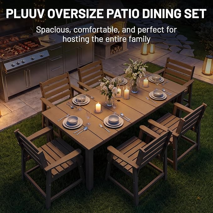 PLUUV 5-Piece Patio Dining Set, Hdpe Outdoor Patio Furniture Set with Aluminum Table Legs & Umbrella Hole, All-Weather Resistant Patio Table Set for Garden, Backyard, 4 Chairs & 1 Table, Brown