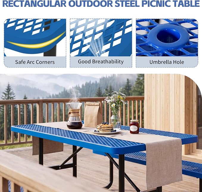 72" Outdoor Rectangular Picnic Table with Umbrella Hole, Heavy Duty Commercial Grade Steel Camping Table for Backyard Patio Deck, Weather-Resistant Blue Metal Mesh