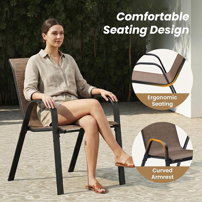 Soohow Outdoor Dining Set for 6, 7-piece Outdoor Patio Dining Set 6 x Stackable Patio Chairs & 1 x Round Table with Umbrella Hole, All-Weather Outside Table and Chairs for Backyard, Balcony, Porch