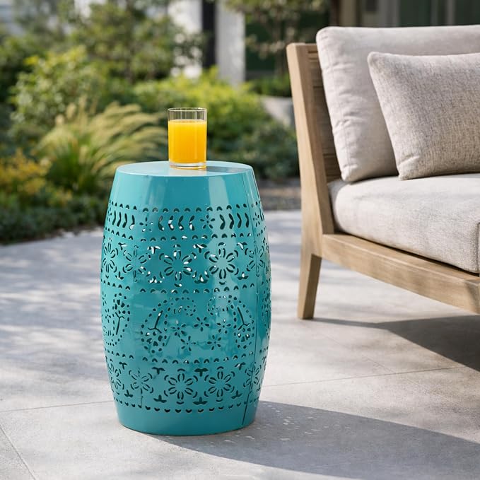 12" Outdoor Side Table, Decorative Cutout Metal Round Side Table, Multi Functional - Coffee Table, Night Stand, Plant Stand for Patio, Garden, Backyard, Gazebo Indoor (Teal)
