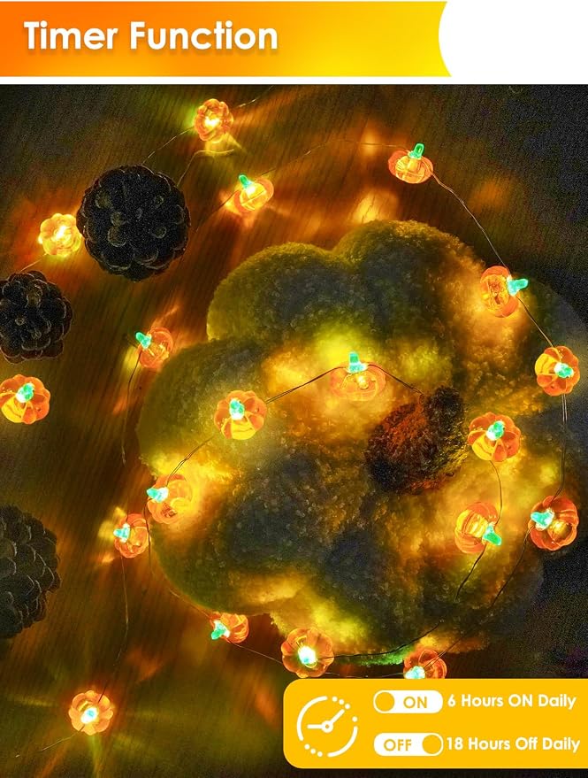2 Pack 30LED Pumpkin Fall Decorations String Lights Battery Operated Remote | 20FT, 3D Pumpkin Fairy Twinkle Lights with Timer, 8 Modes, Waterproof Outdoor Autumn Harvest, Thanksgiving, Halloween Decor