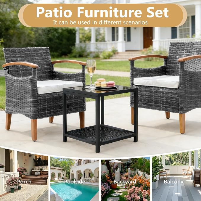 3 Pcs Outdoor Patio Conversation Set, Outdoor Patio Rattan Chair with Side Coffee Table, Outdoor Patio Furniture Sets for Yard Garden Backyard Lawn (Gray)