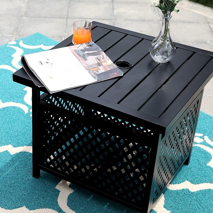 PHI VILLA Patio Umbrella Side End Table Stand with Hole, Small Square Black Metal Bistro Table for Outdoor Garden Pool, 22"