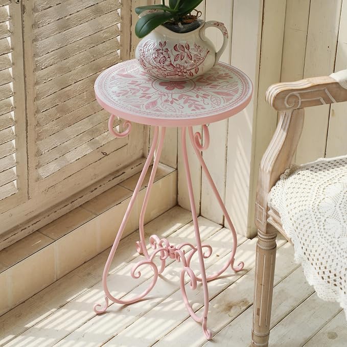 Outdoor Side Table & Mosaic Ceramic Plant Stand, 14" Metal Round End Table for Garden Home Patio Yard Porch Patio Decor Weather Resistant Outside Accent End Furniture (Flower#2)