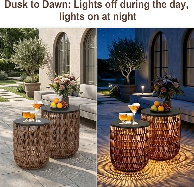 HMVPL Solar Outdoor Side Table Set of 2 with Dimmable Light, Round Patio Side Table for Outside, Outdoor End Accent Tables, Waterproof Plastic Rattan Patio End Table for Backyard Gazebo, Dusk to Dawn