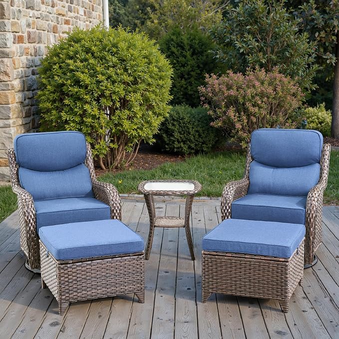 Swivel Patio Chairs sofa Set of 5 with 6" Thick Cushion - Wicker Outdoor Swivel Rocker Patio Chair with Side Table, High Back Comfortable Outdoor Glider Chairs - Brown Wicker | Blue Cushions