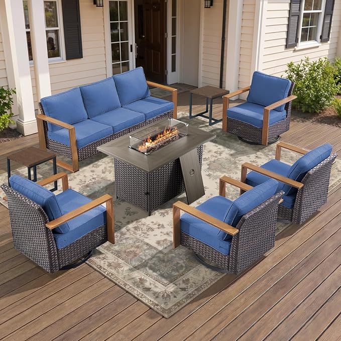 Patio Furniture Set with Fire Pit Table, 8-Piece Outdoor Wicker Sofa and 4 Swivel Chairs, All-Weather Conversation Set for Backyard, Deck and Poolside Blue