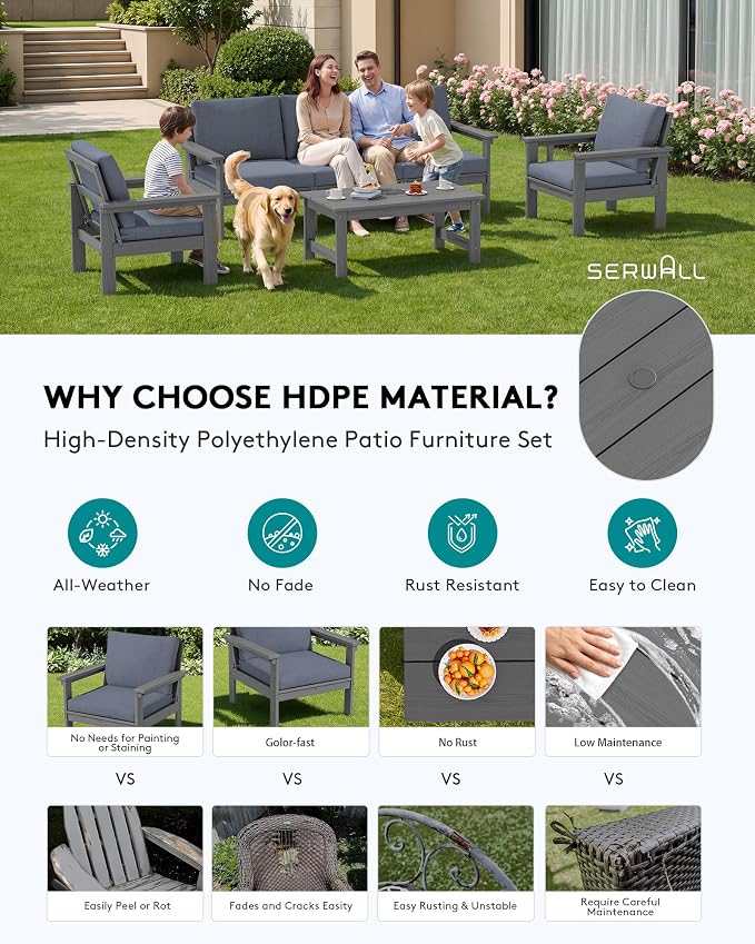 SERWALL HDPE Outdoor Patio Furniture Set with Coffee Table