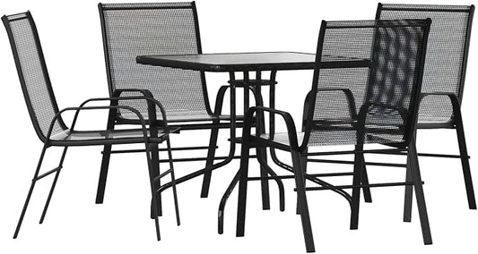 Flash Furniture Brazos Series 5-Piece Glass Patio Table and Chairs Set, Outdoor Patio Dining Set with Square Table and 4 Sling Patio Chairs, Black
