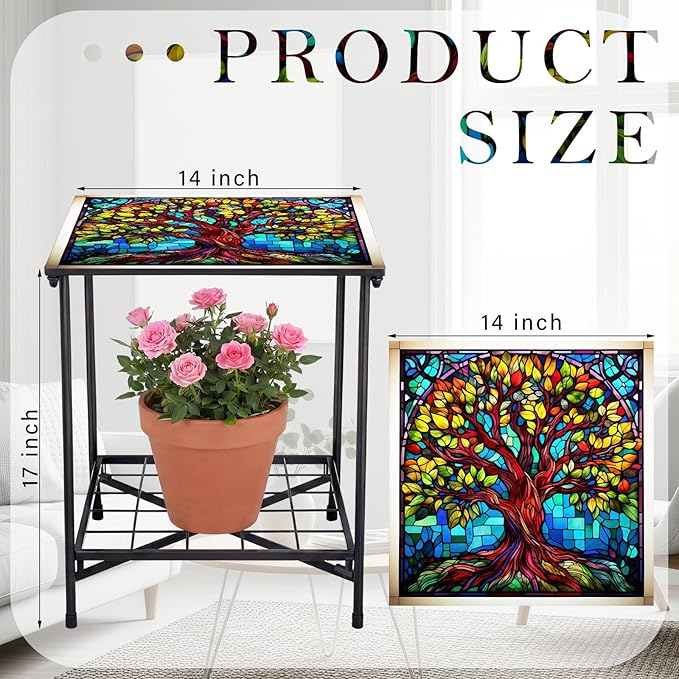 Cinnvoice Outdoor Side Table 2-Tier Storage Square Small Mosaic Patio Accent Indoor End Plant Coffee Tea Table for Yard Patio Porch Garden Living Room, Bedroom(Tree of Life Style)
