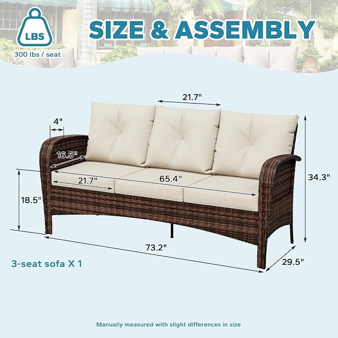 73" Patio 3-seat Sofa, Wicker Rattan Couch, Steel Frame Deep Seat Loveseat, Outdoor Conversation Furniture with Removable Cushions for Garden, Poolside, Porch(Beige)