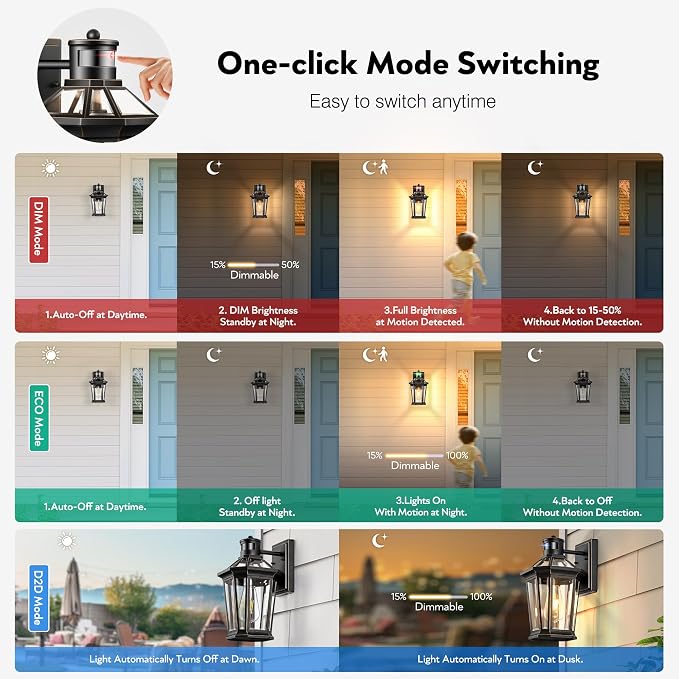 VIANIS Motion Sensor Exterior Light Fixture, 2 Pack Dusk to Dawn Outdoor Light Wall Mount, Anti-Rust Aluminum Outside House Lights, Farmhouse Coach Lantern for Porch, Entryway, Garage, Front Door
