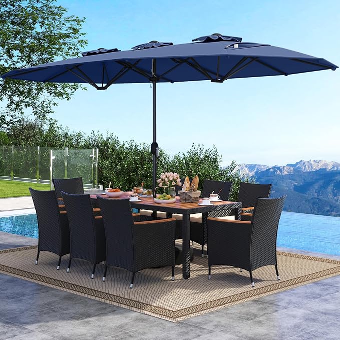 Tangkula 11 Piece Patio Wicker Dining Set w/Double-Sided Patio Umbrella, 8 Stackable Cushioned Chairs, 71" Acacia Wood Dining Table & 15 ft Umbrella with Weighted Base (Navy + Off White)