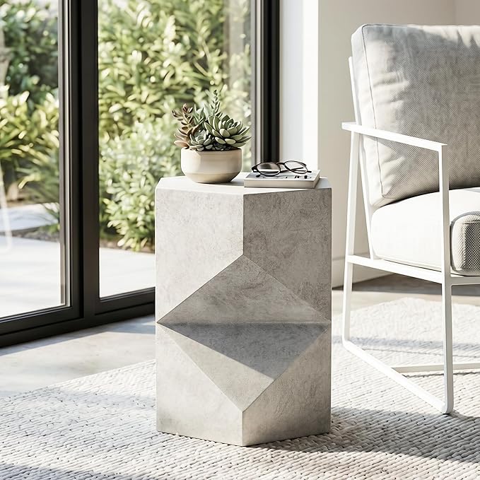 SUNBURY Outdoor Side Table, 18" Hexagon End Table Gloss Finish w Geometric Pedestal, Patio Concrete Accent Table Modular Design Decor, Lightweight Garden Stools for Balcony, Porch, Living Room, Grey