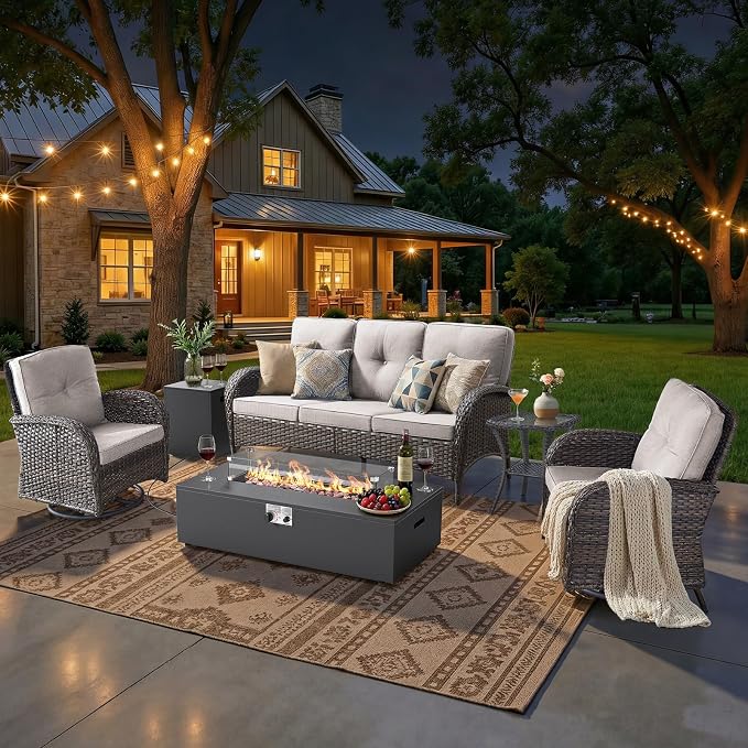 HUMMUH Luxury Patio Furniture Set with High Back Swivel Rocker Chairs & 3 Seater-Couch & Steel Fire Pit Table 5 Pieces Outdoor Conversation Set for Porch,Deck,Backyard