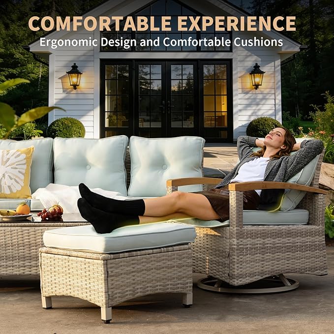 MEISSALIVVE 7 Pieces Patio Furniture Sets,Wicker Patio Conversation Sets with 2 Wood Armrests Swivel Glide Chairs, 2 Ottoman, 3-seat Sofa and Coffee Table (Blue)