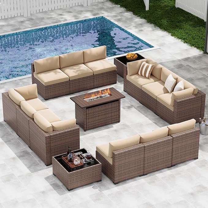 LazySunsets 15-Piece Patio Furniture Set with 44" Fire Pit Table, Wicker Outdoor Furniture, Patio Conversation Sets with Coffee Table, Outdoor Sectional Couch, Beige