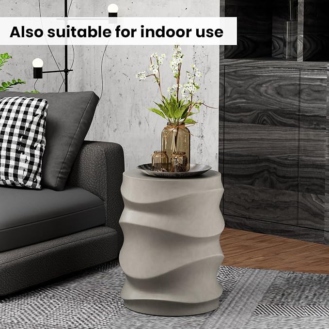 SUNBURY Outdoor Side Table Set of 2, 18" H Concrete Accent End Table Streamlined, Small Round Cement Plant Stands Table, Decorative Garden Stools for Backyard, Grey