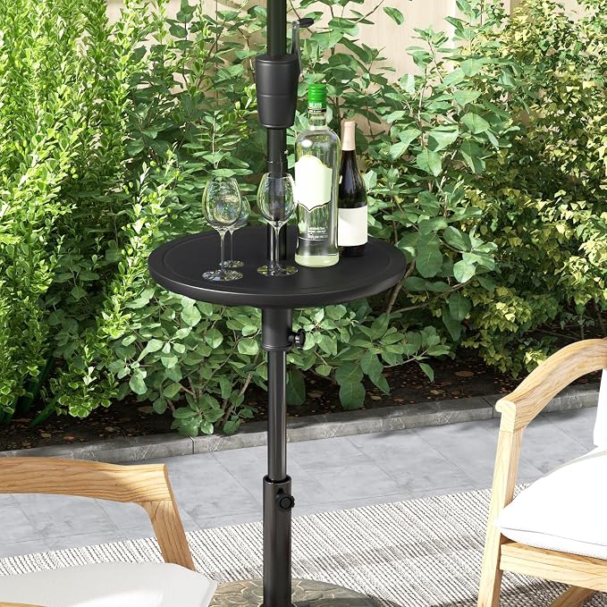 Tangkula 20” Outdoor Adjustable Umbrella Table, Round Umbrella Table Tray w/ 1.5” Umbrella Hole, Faux Wood Grain, Portable Round Table Top for Backyard, Poolside, Beach, Garden, Patio