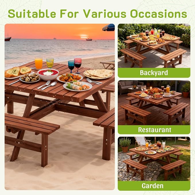 8 Person Square Picnic Table, Outdoor Picnic Table with 4 Built in Benches, Umbrella Hole, Outside Wood Dining Table Set for Patio, Backyard, Garden, Porch, 2220lb Capacity - Brown
