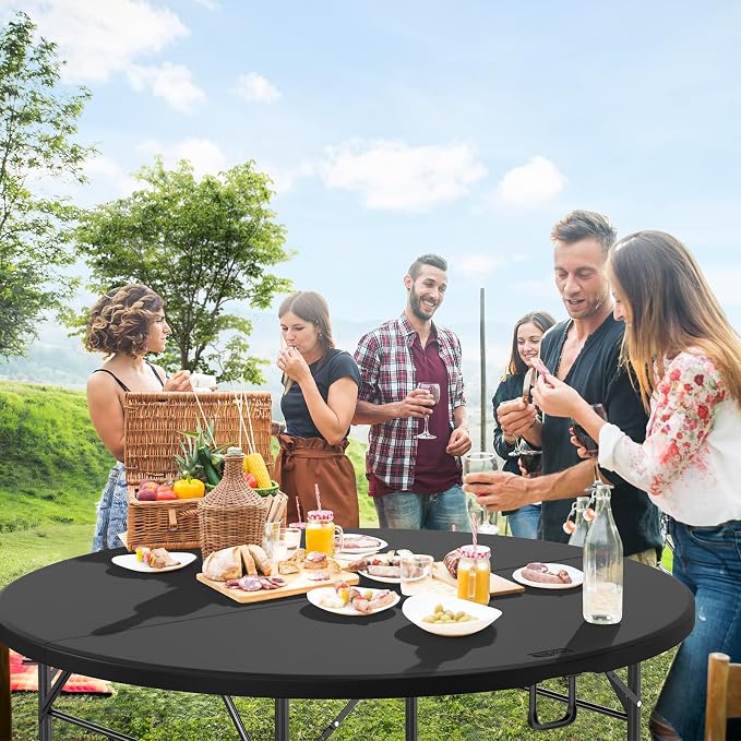 VINGLI 5 FT Black Round Bi-Folding Commercial Table, 60 inch Portable Plastic Dining Card Table for Kitchen Party Wedding Event, 5-Pack