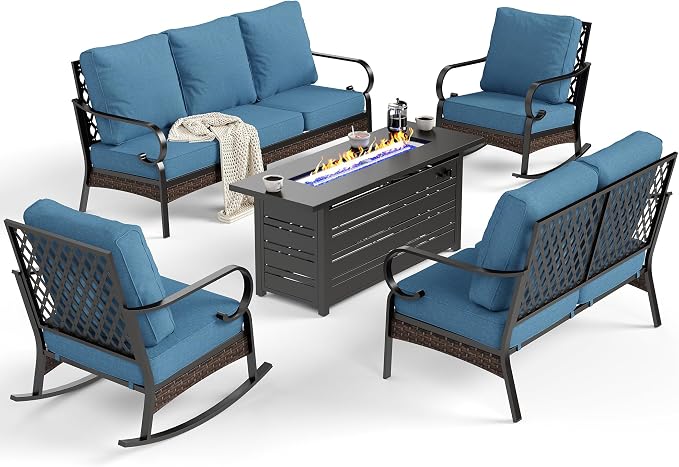 SUNSHINE VALLEY 5 Piece Metal Outdoor Patio Furniture Sets with Firepit Table, Patio Conversation Sets 1 3-Seater Sofa, 2-Seater Loveseat, 2 Rocking Chair with 5.75" Cushion for Backyard Deck, Blue-2
