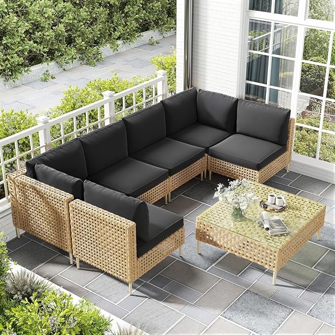 7 Piece Boho Wicker Patio Furniture Set with Fluffy Black Cushions and Coffee Table, Modular Outdoor Couch Conversation Set for Deck, Garden, Backyard, Balcony, All Weather Sectional Lounge Seating(Bl