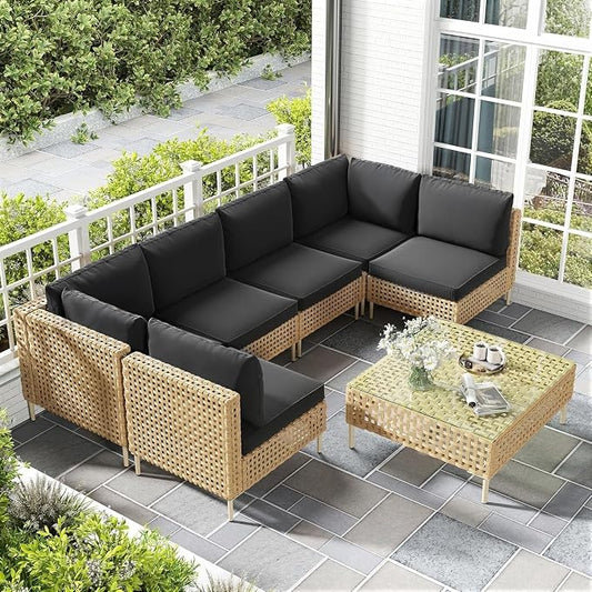 7 Piece Boho Wicker Patio Furniture Set with Fluffy Black Cushions and Coffee Table, Modular Outdoor Couch Conversation Set for Deck, Garden, Backyard, Balcony, All Weather Sectional Lounge Seating(Bl