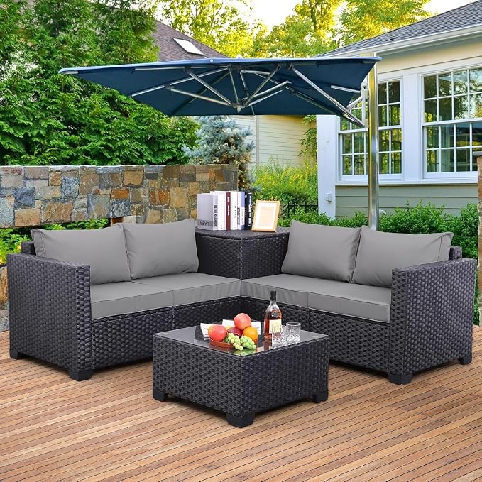 4-Piece Outdoor Patio Furniture Set with Black PE Wicker Rattan Sectional Loveseat Couch, Conversation Sofa with Storage Box, Glass Top Coffee Table, Non-Slip Cushions for Backyard and Garden