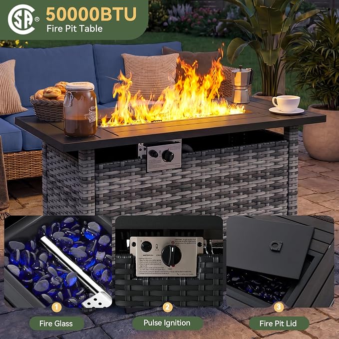 Aoxun 10-Piece Patio Furniture Set with 44” Fire Pit Table, Widen Armrests Wicker Rattan Outdoor Sectional Sofa with Swivel Chairs, Outdoor Patio Furniture Set with Thick Cushions & Ottoman, Blue