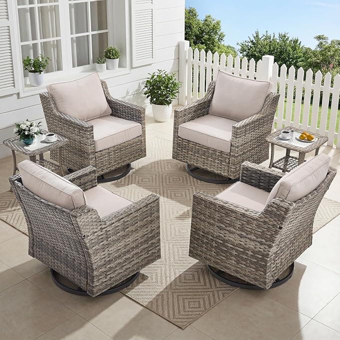 Belord Patio Wicker Swivel Rocker Patio Chairs with Side Table, Outdoor Rattan Chairs for Deck Porch Garden, 6 Piece Luxury Patio Furniture Set, Beige