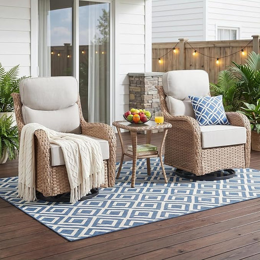 Luxury High Back Outdoor Swivel Rocker Patio Chairs with Side Table & 6-Inch Thick Cushions, 3 Pieces Patio Furniture Set for Porch, Balcony, Deck and Yard